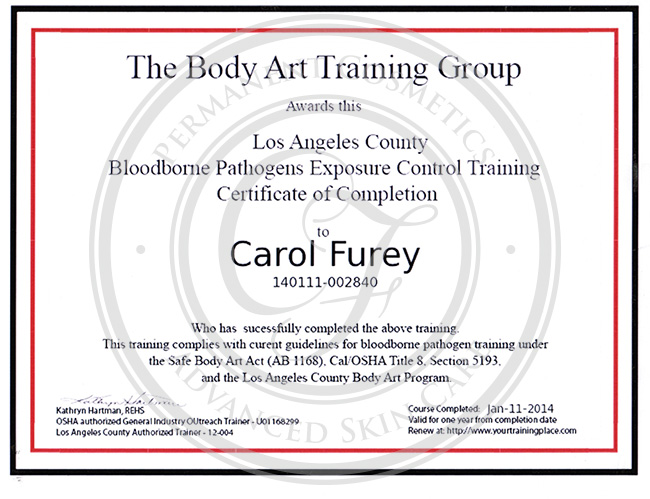 Certificado Carol Furey entrenamiento patógenos en la sangre