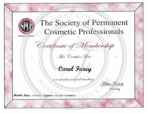 Certificado de membresía Sociedad de Profesionales en Cosméticos Permanentes