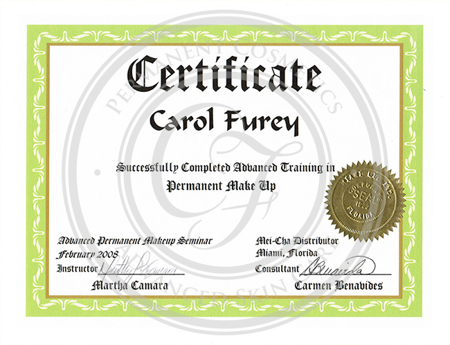 Certificado Carol Furey entrenamiento avanzado en maquillaje permanente