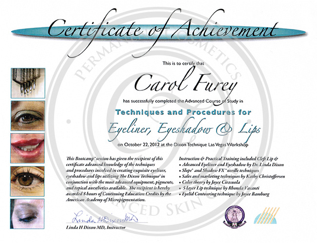 Certificado Carol Furey técnicas y procedimientos para delineador, sombras y labios