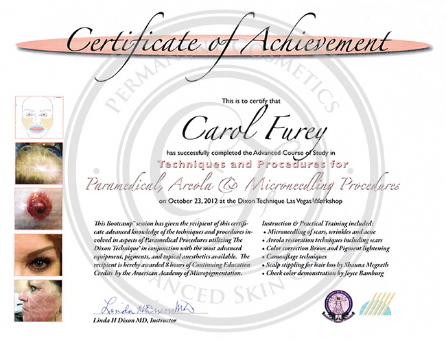 Certificado Carol Furey técnicas y procedimientos para areola, paramédico y microneedling