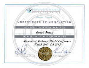 Certificado Carol Furey conferencia mundial de maquillaje permanente